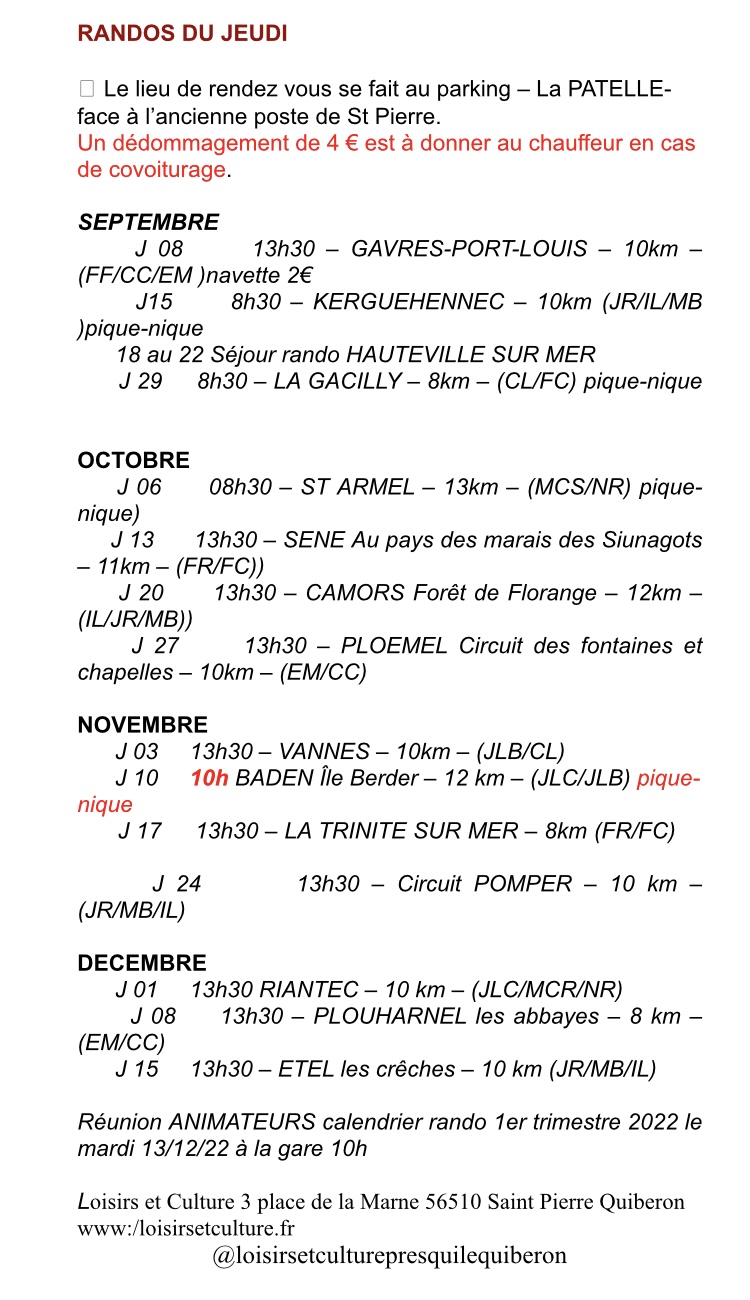 Calendrier Randonnées septembre à décembre 2022