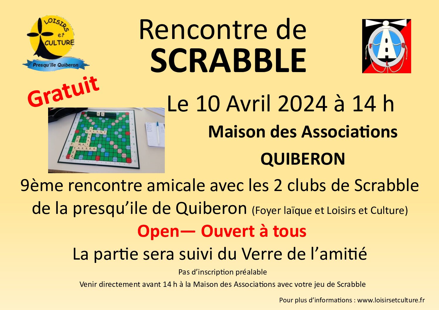 Rencontre de Scrabble le 10 Avril Maison des Associations à Quiberon
