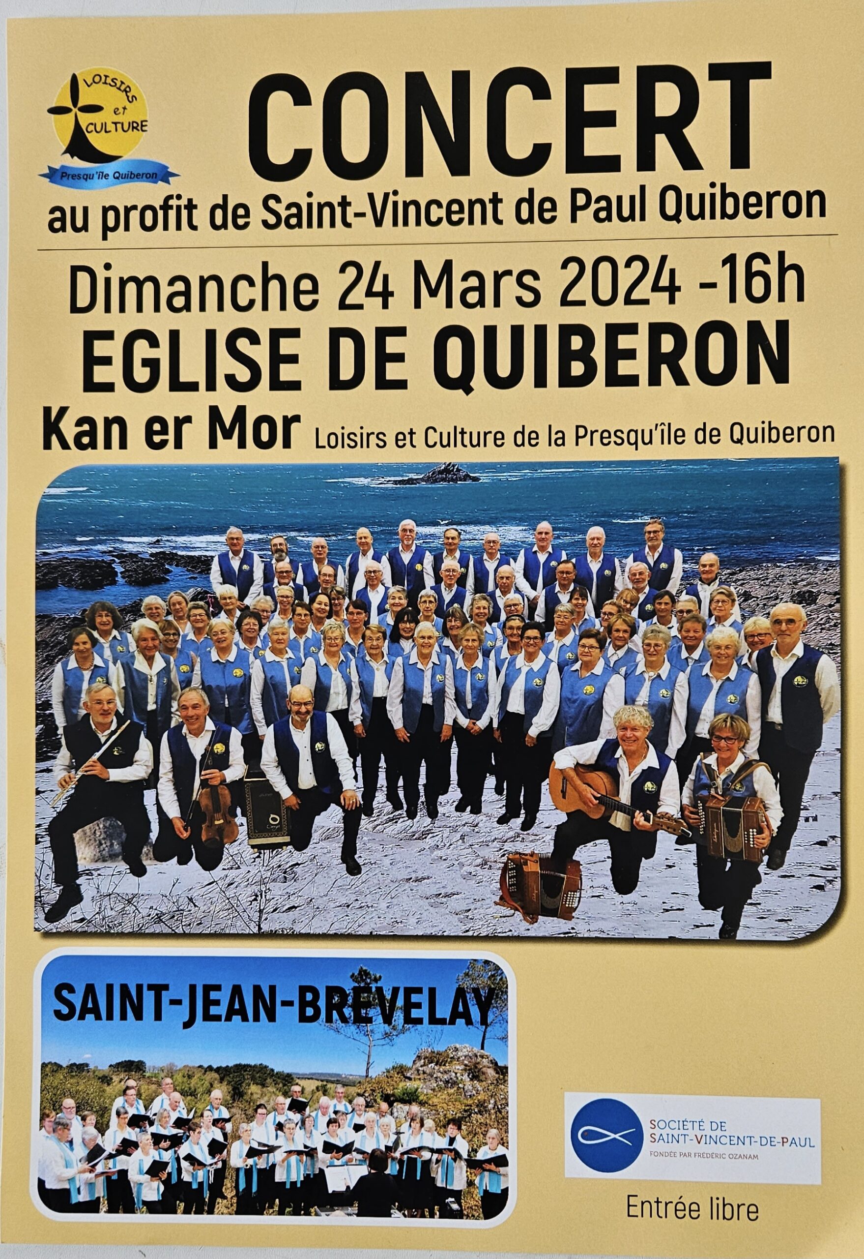 Concert des chorales Kan er Mor et Saint Jean-Brevelay 24 Mars église de Quiberon à 16h au profit de St Vincent de Paul